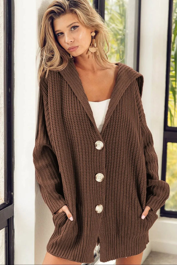Button Down Collared Neck Cardigan Coffee Brown - Fashorio
