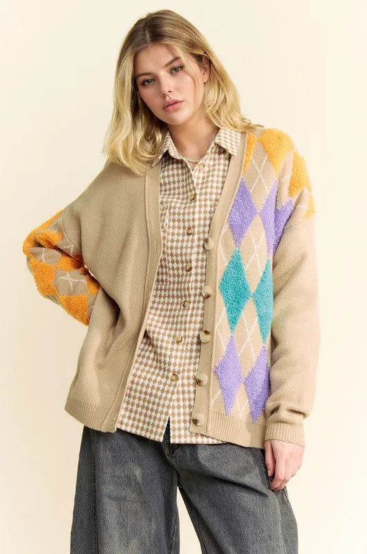 Davi & Dani Argyle V-Neck Dropped Shoulder Cardigan - Fashorio