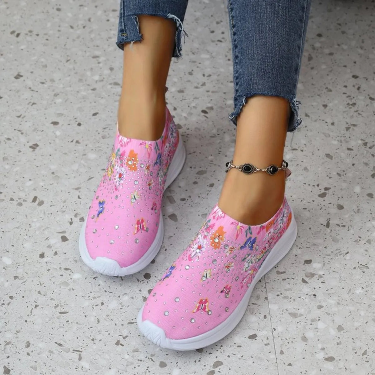 Rhinestone Floral Print Sneakers - Fashorio