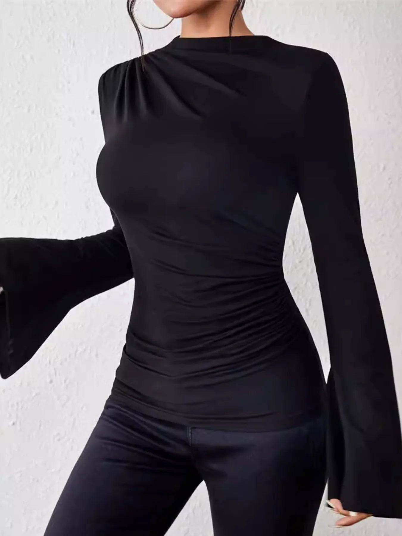 Bell Sleeve Ruched Fitted T-Shirt with Mock Neck - Fashorio
