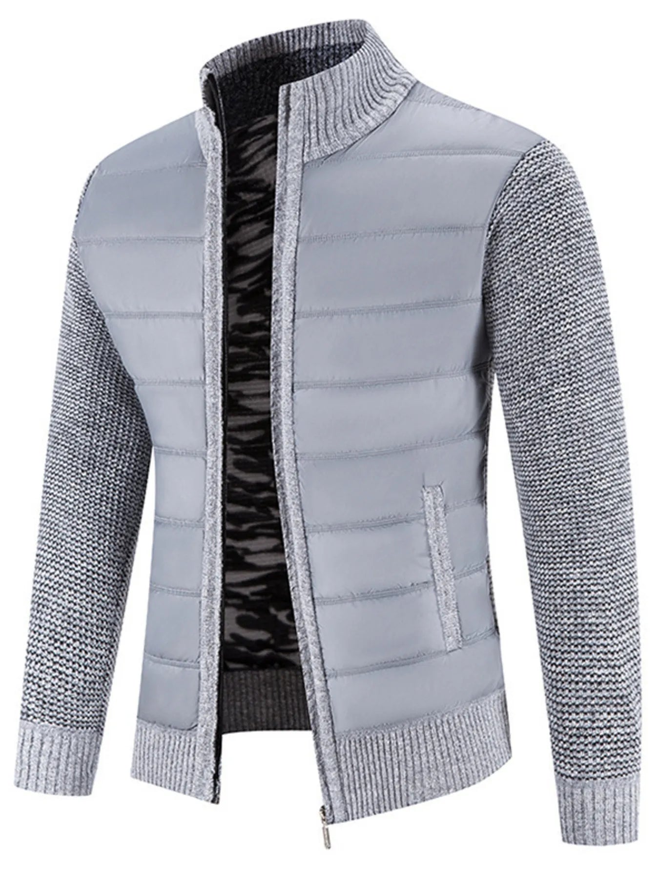 Men's Plus Size Quilted Knit Bomber Jacket with Stand Collar - Fashorio