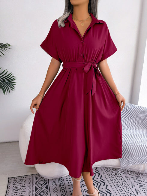 Short Sleeve Collared Tie Belt Dress - Fashorio