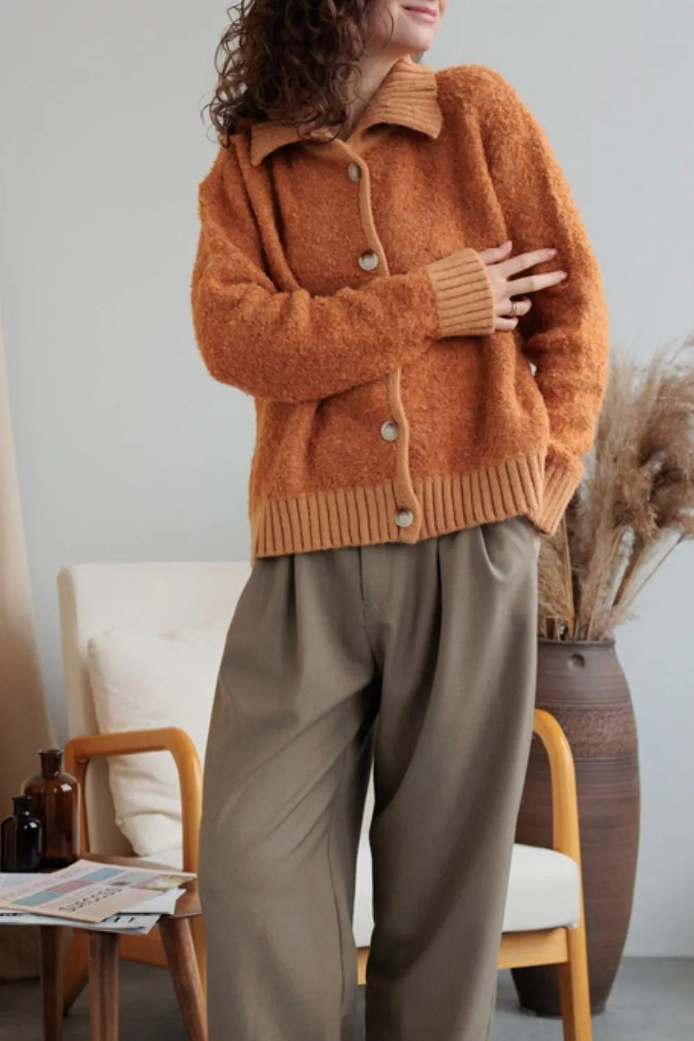 Collared Neck Button Down Long Sleeve Cardigan - Fashorio