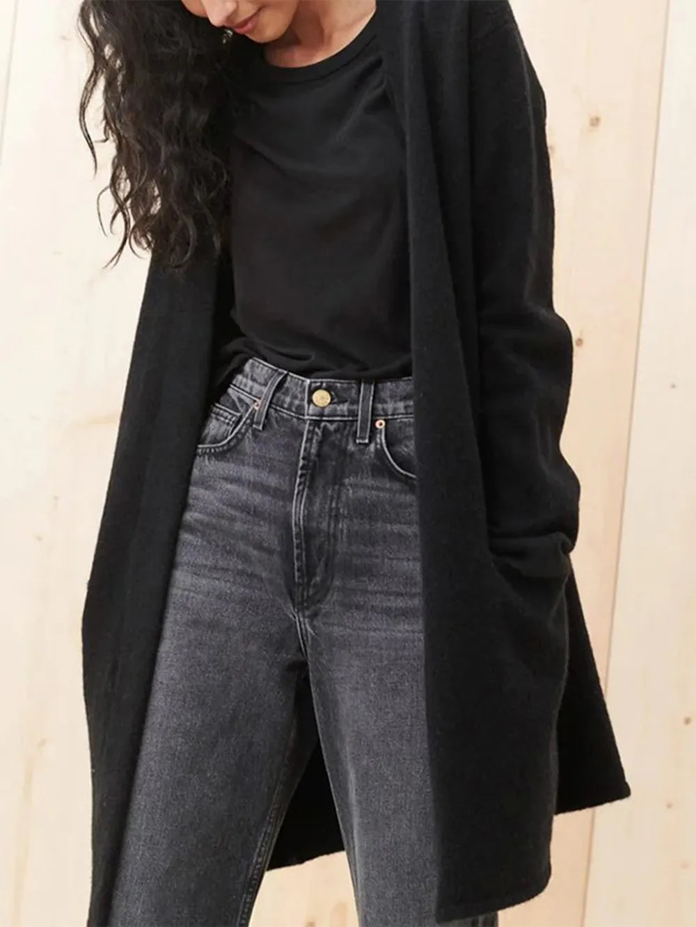 Open Front Long Sleeve Cardigan with Pockets Black - Fashorio