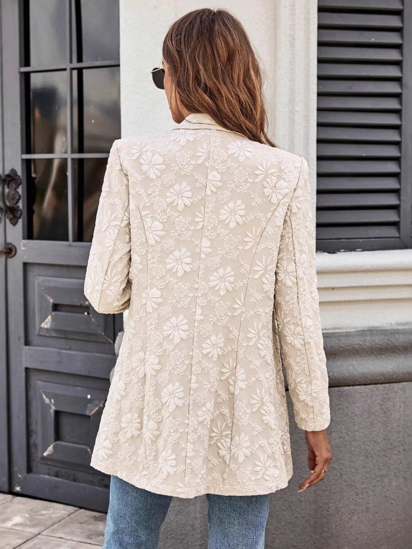 Floral Jacquard One Button Long Sleeve Blazer - Fashorio