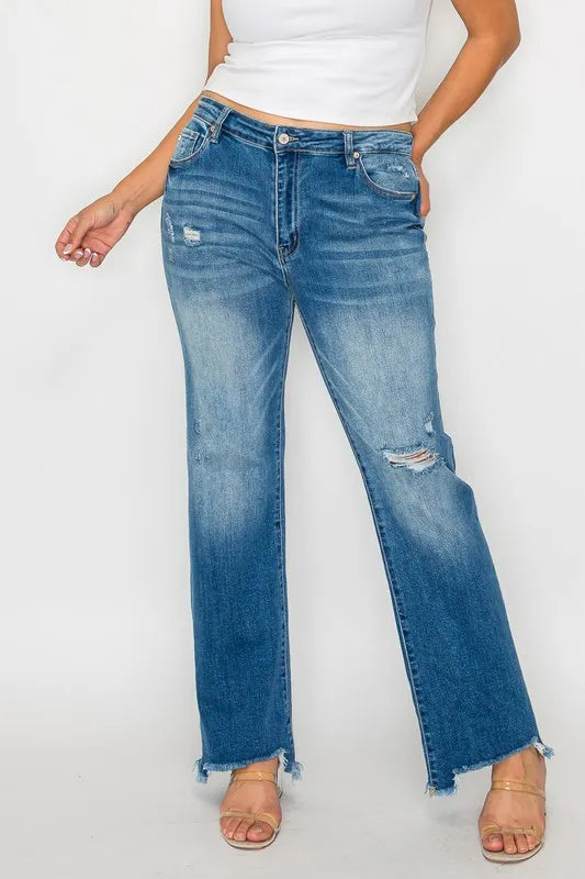 bytos Full Size Raw Hem Distressed Mid Rise Straight Jeans - Fashorio