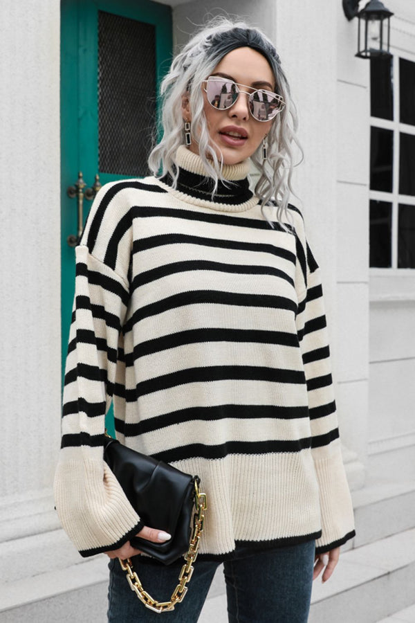 Striped Turtleneck Drop Shoulder Sweater Beige - Fashorio