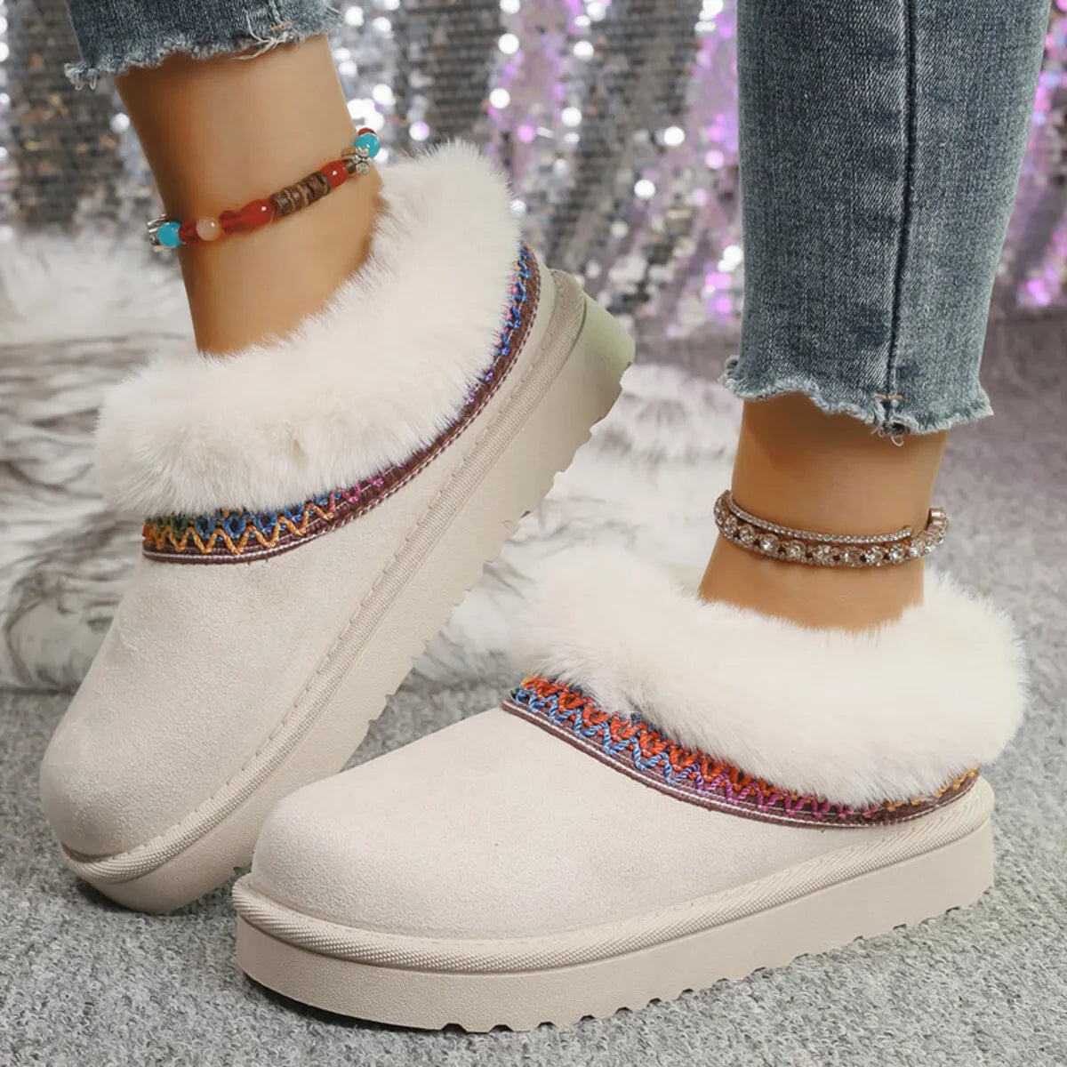 Fur-Lined Platform Boots with Decorative Woven Strap Ivory - Fashorio