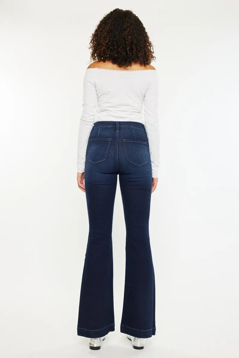 Kancan Button Fly High Rise Distressed Flare Jeans - Fashorio
