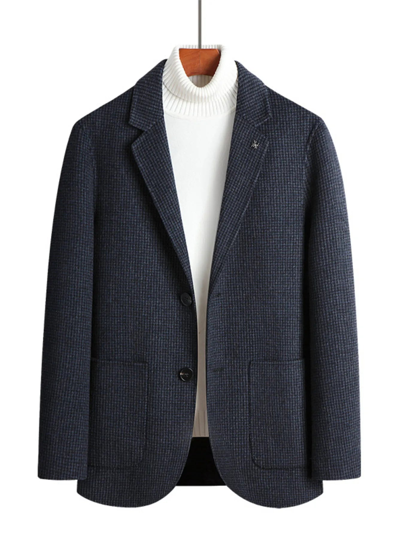 Men's Plus Size Lapel Collar Long Sleeve Blazer Blue Grid - Fashorio