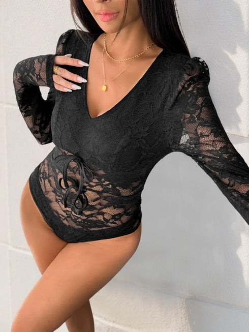 Lace Long Sleeve V-Neck Bodysuit - Fashorio