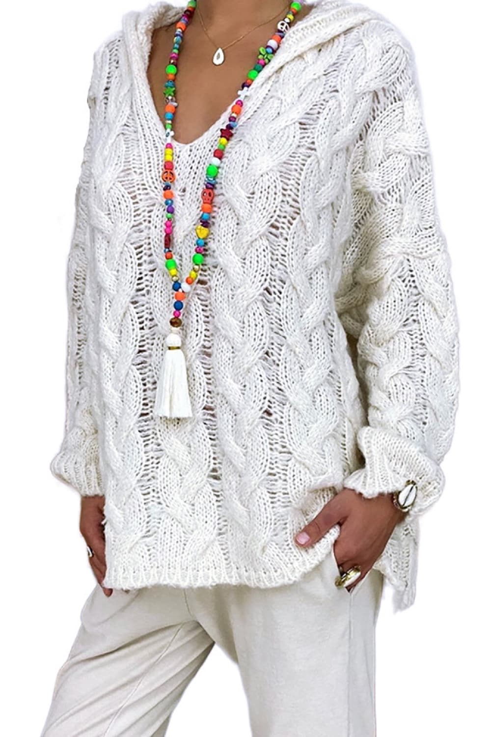 Cable-Knit Hooded Sweater White - Fashorio