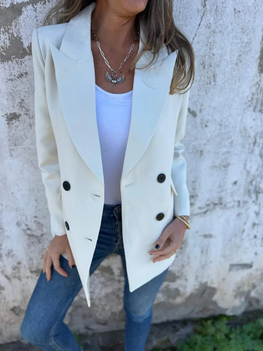 Full Size Collared Neck Long Sleeve Blazer Ivory - Fashorio