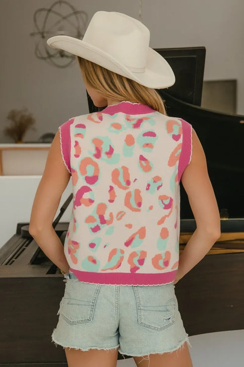 BiBi Leopard Sweater Vest With Front Tie and Scallop Detail - Fashorio