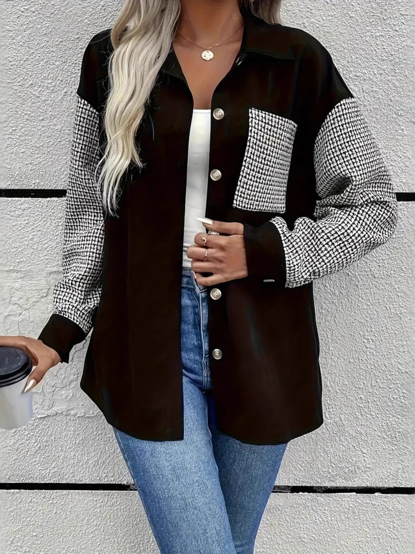 Houndstooth Contrast Button-Up Oversized Jacket - Fashorio