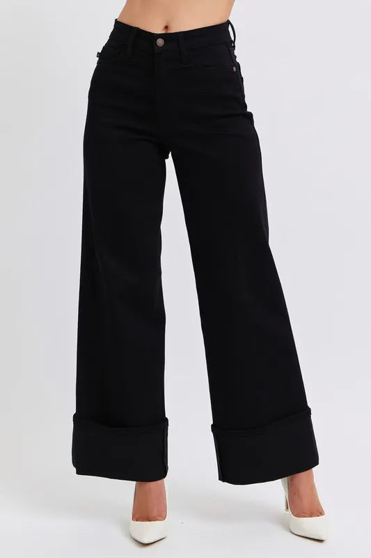 Judy Blue Full Size High Waist Reto Wide Leg W/ Cuff Plus Size BK - Fashorio