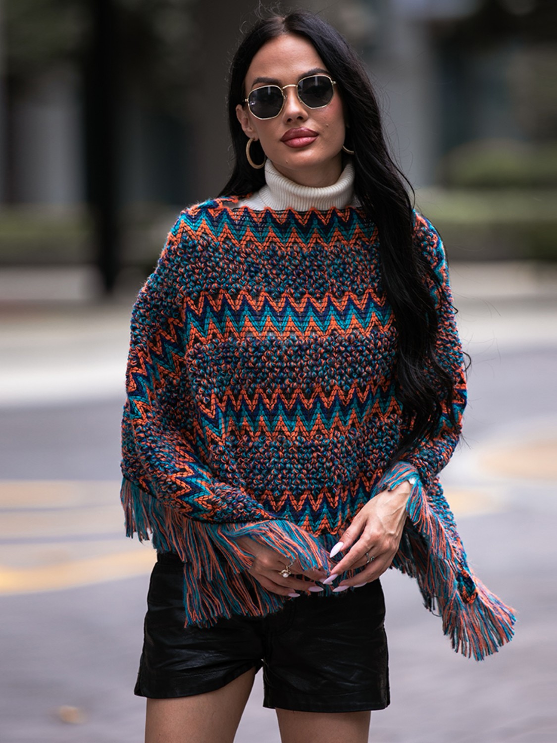 Shiny Fringe Hem Boat Neck Poncho - Fashorio