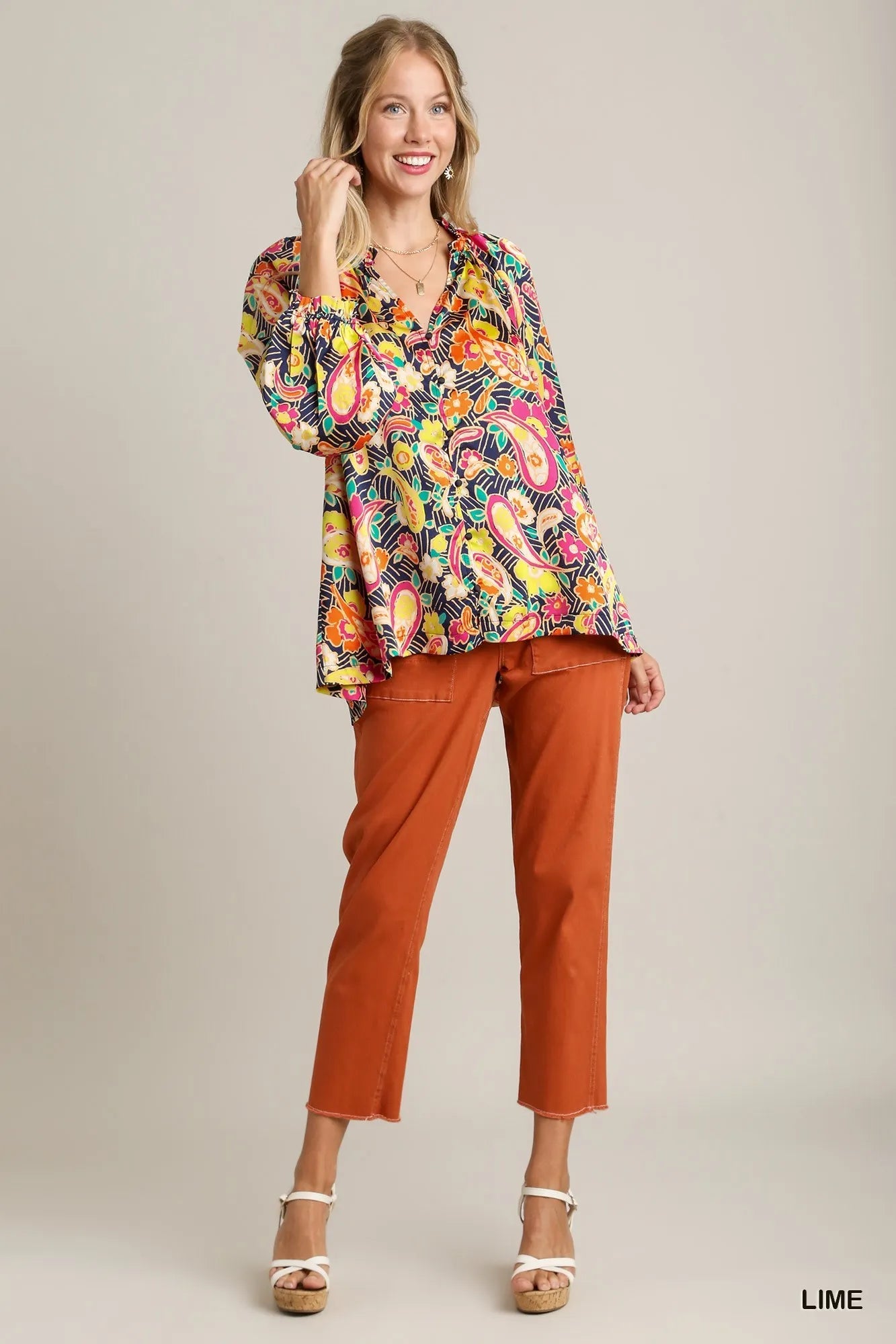 Umgee Full Size Satin Paisley Ruffle Neck Button-Up Shirt Plus Size - Fashorio