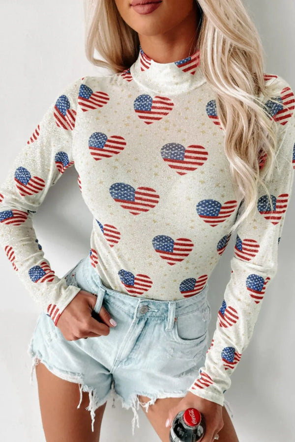 US Flag Heart Mock Neck Long Sleeve Bodysuit White - Fashorio