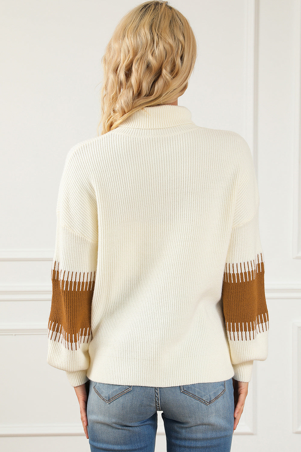 Contrast Turtleneck Long Sleeve Sweater - Fashorio