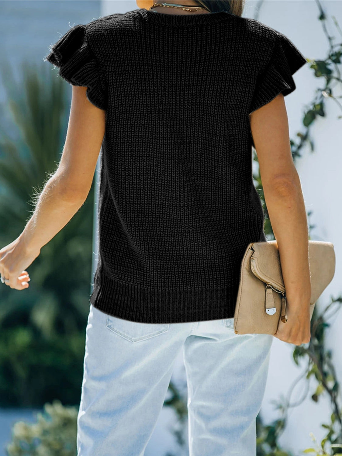 Round Neck Cap Sleeve Sweater - Fashorio