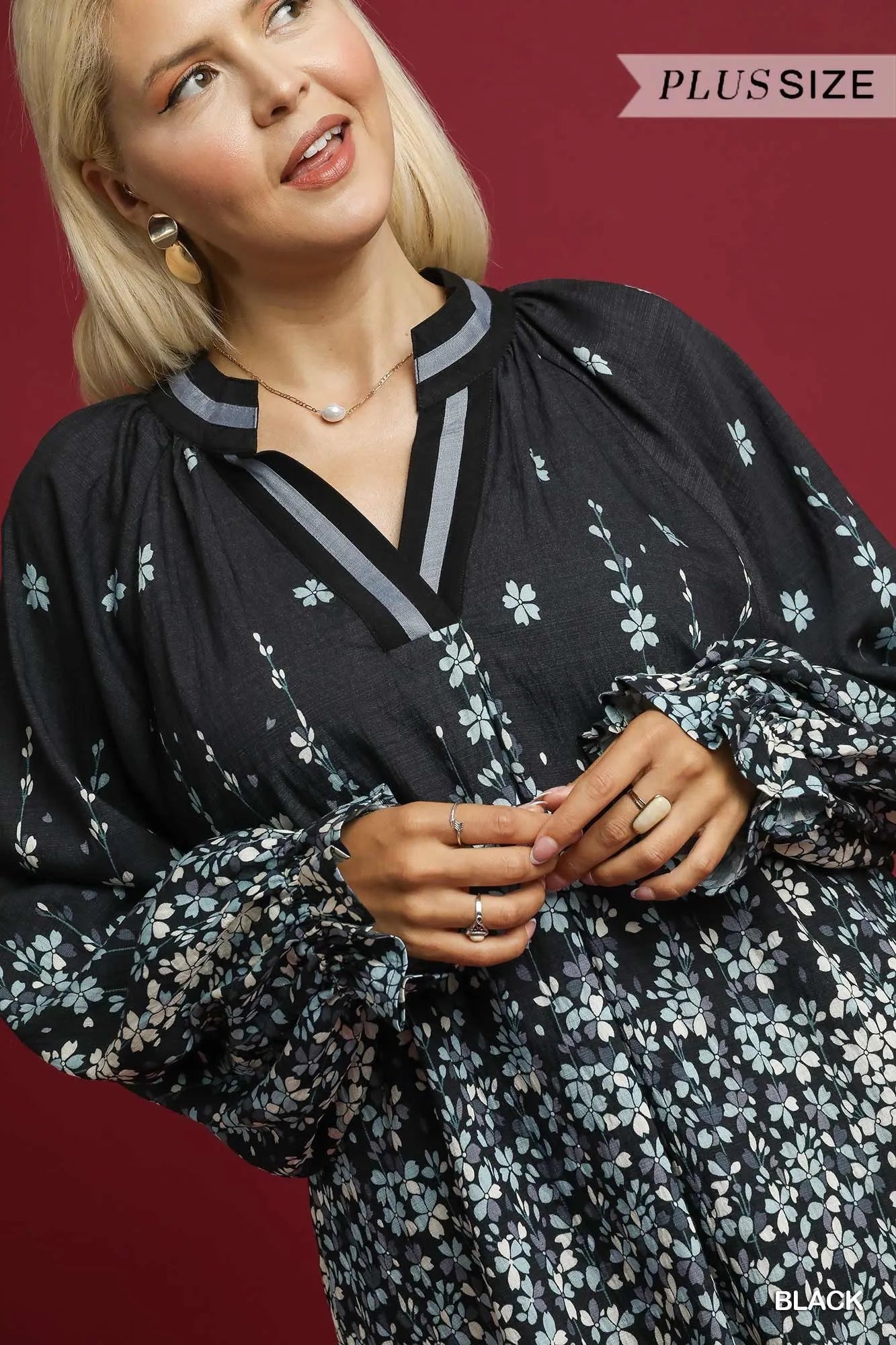 Umgee Full Size Floral Vine Print Blouse with Balloon Sleeves Plus Size - Fashorio