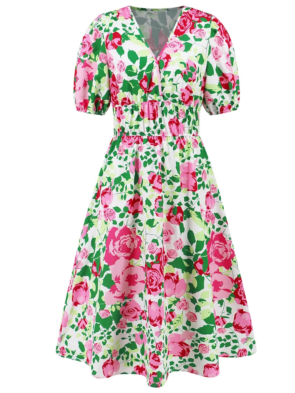 Ruched Printed Surplice Short Sleeve Dress - Fashorio