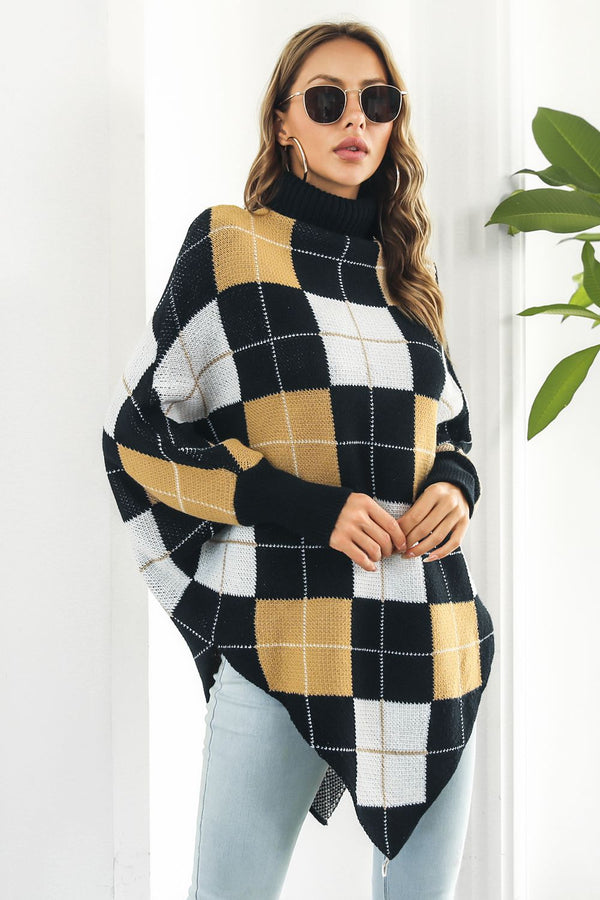 Plaid Turtleneck Dolman Sleeve Poncho Plaid - Fashorio