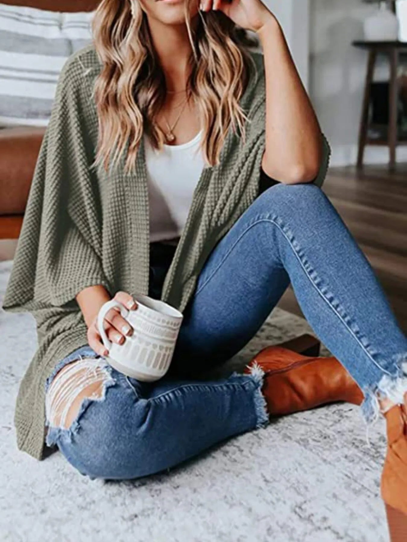 Full Size Open Front Waffle Knit Cardigan Plus Size Green - Fashorio