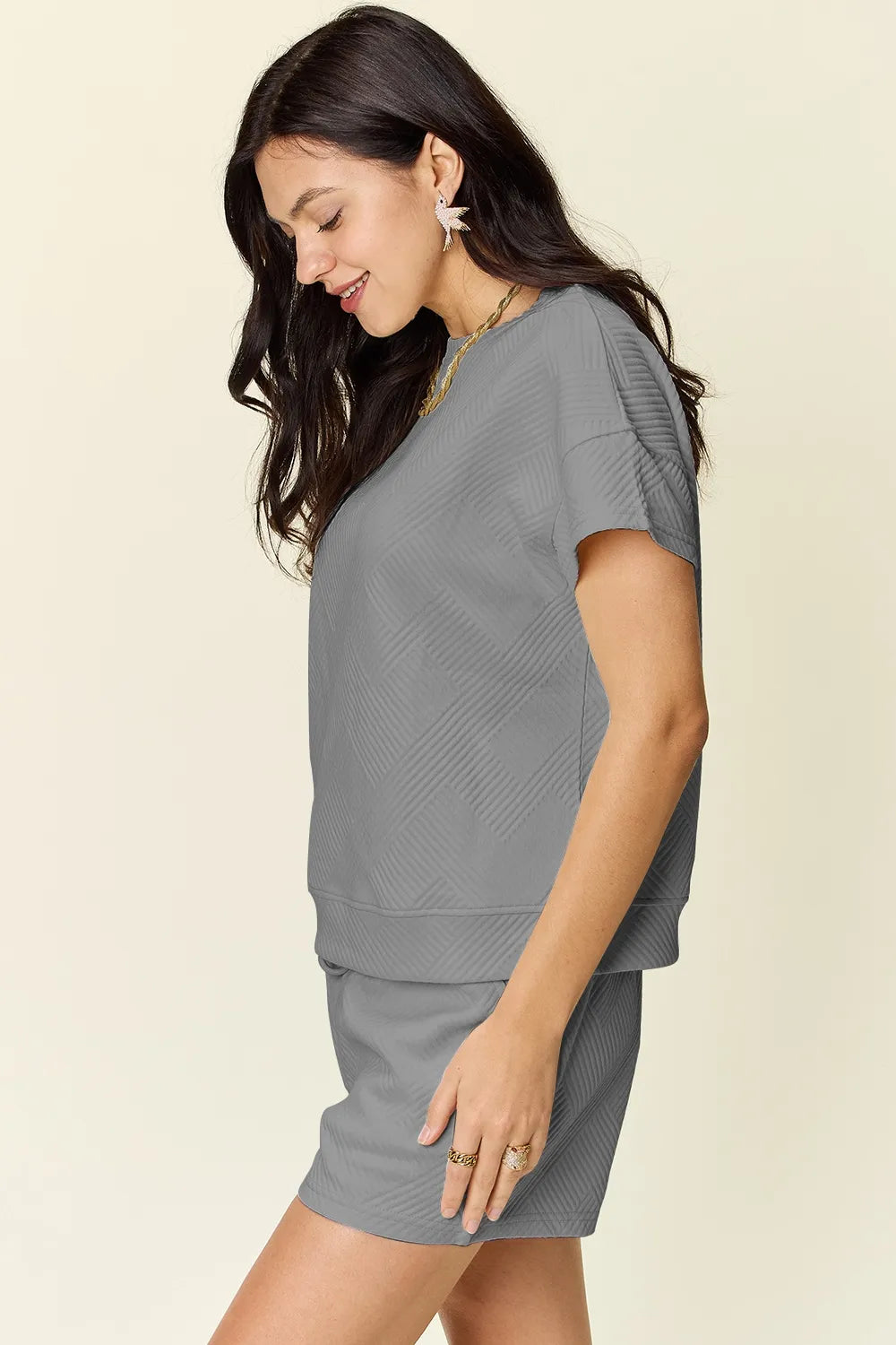 Double Take Full Size Texture Short Sleeve T-Shirt and Drawstring Shorts Set - Fashorio