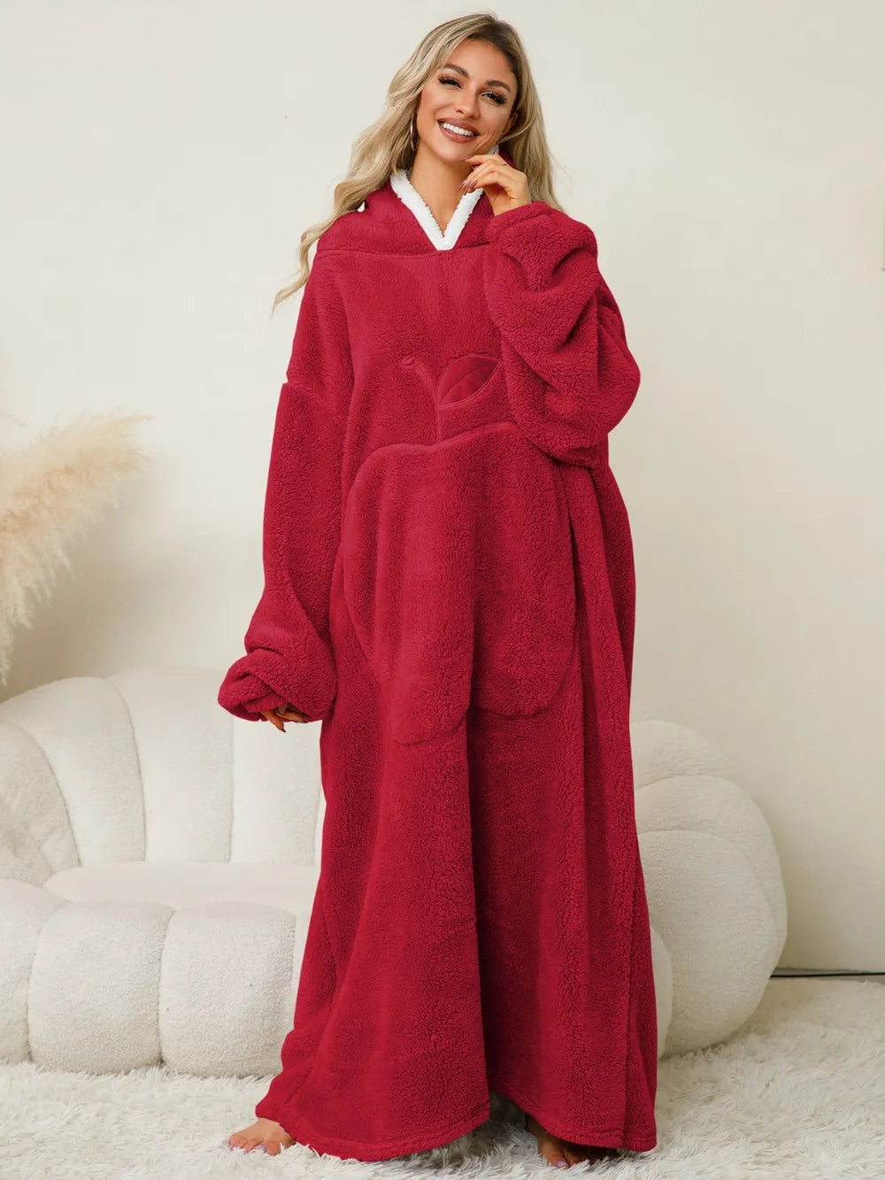 Pocketed Contrast Long Sleeve Hooded Lounge Dress - Fashorio