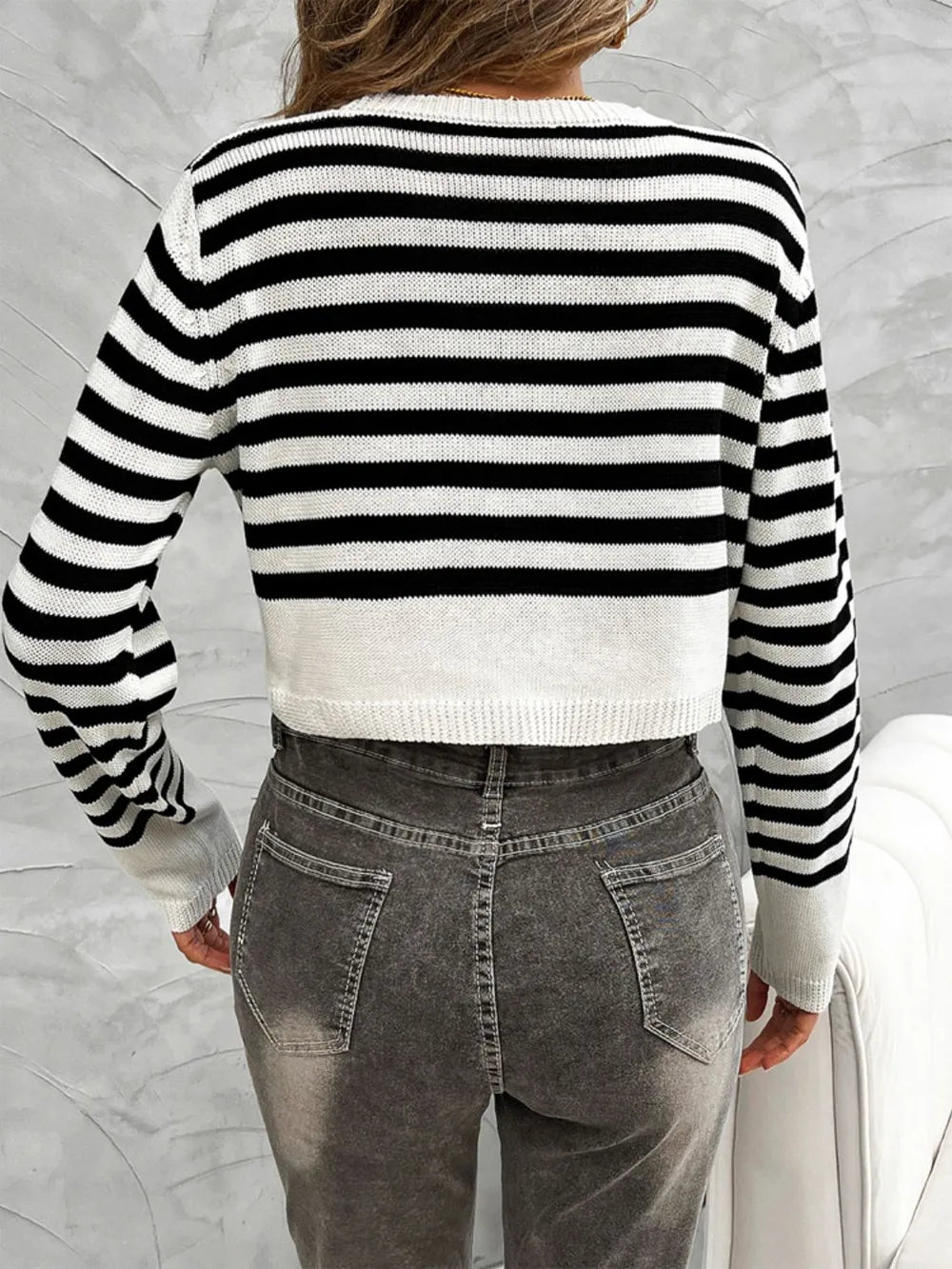 Devine Striped Round Neck Button Down Cardigan - Fashorio
