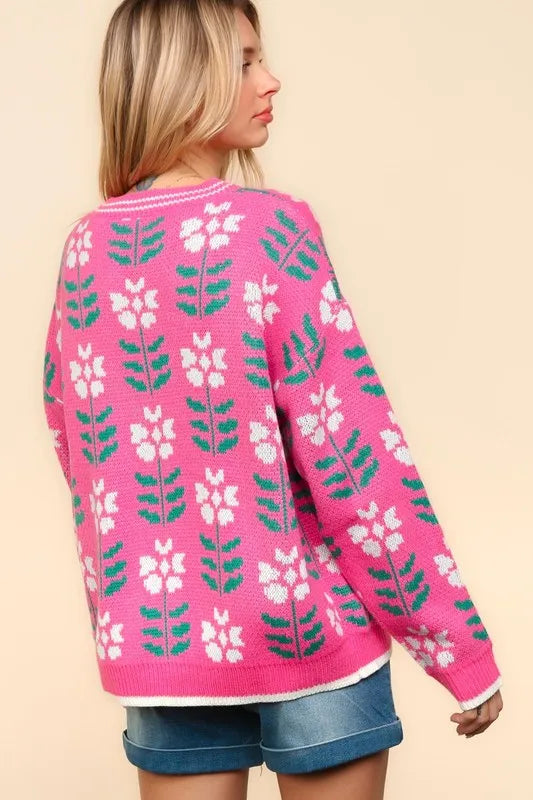Haptics Full Size Floral Jacquard V-Neck Button Up Cardigan - Fashorio