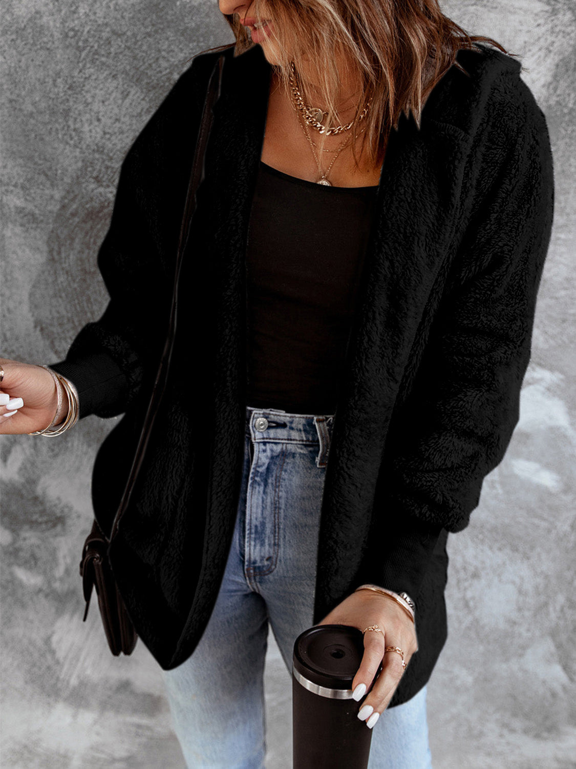Open Front Hooded Faux Fur Outwear with Pockets - Fashorio