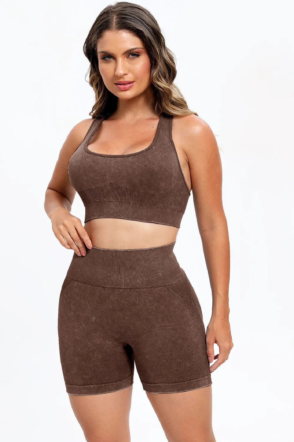 3 Piece Washed Square Neck Wide Strap Active Set - Fashorio
