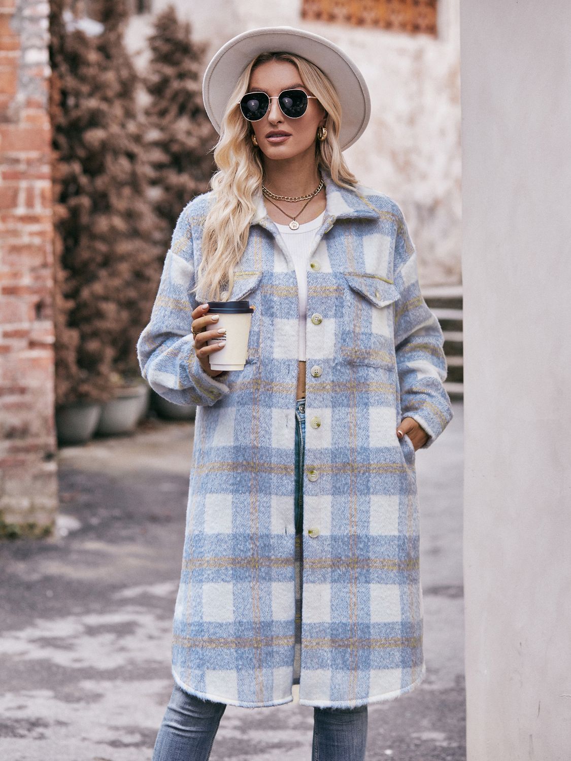 Mandy Plaid Dropped Shoulder Slit Coat Misty Blue - Fashorio
