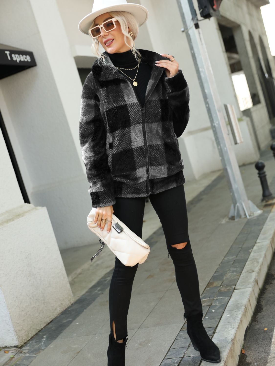 Plaid Zip-Up Collared Jacket - Fashorio