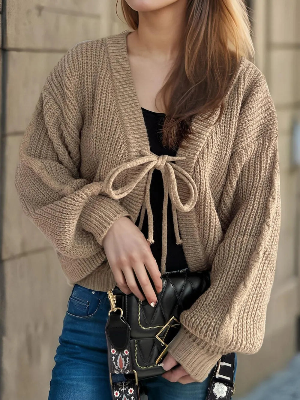Tied Dropped Shoulder Long Sleeve Cardigan - Fashorio