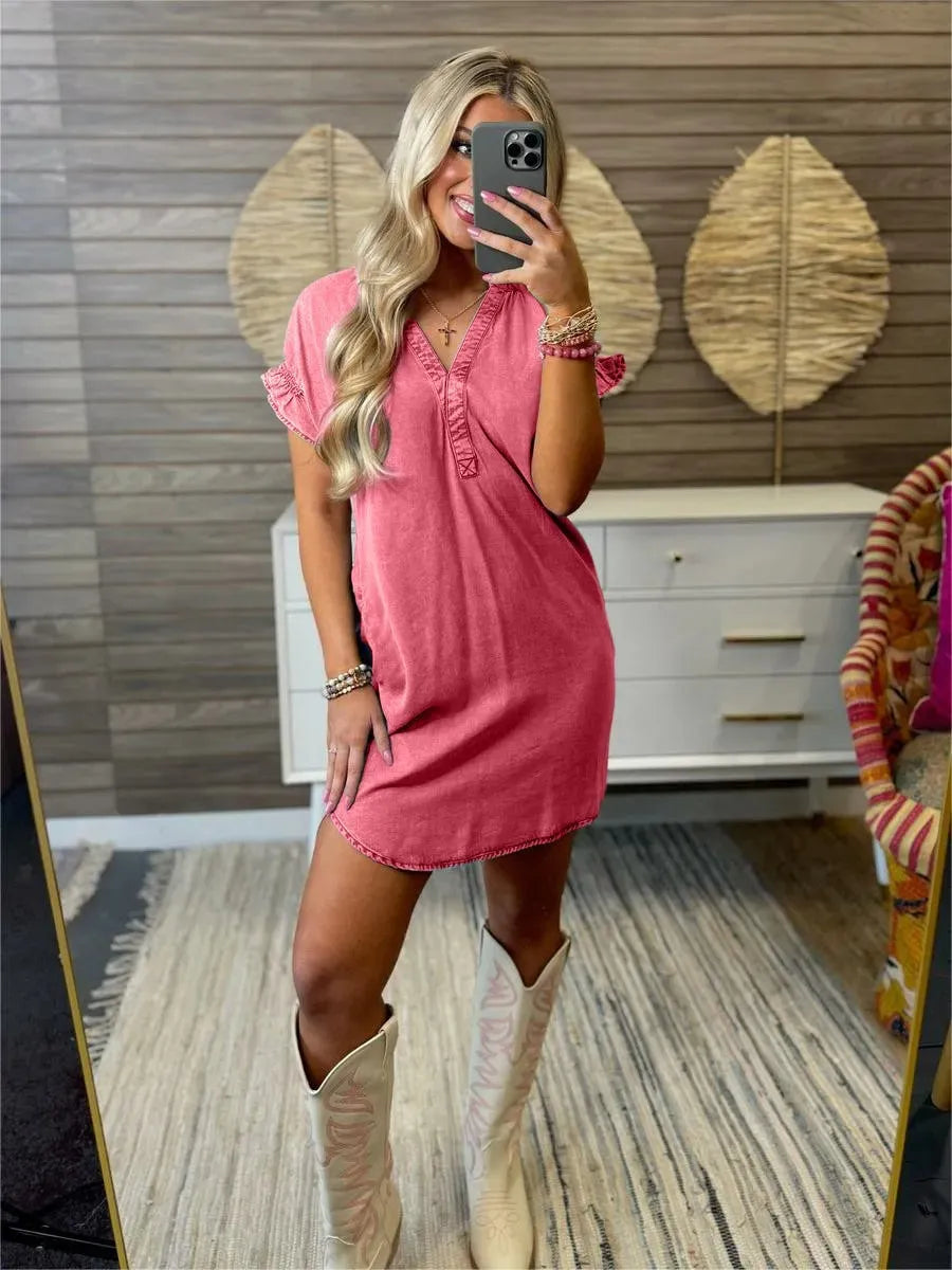 Full Size V-Neck Short Sleeve Denim Dress Plus Size Red - Fashorio