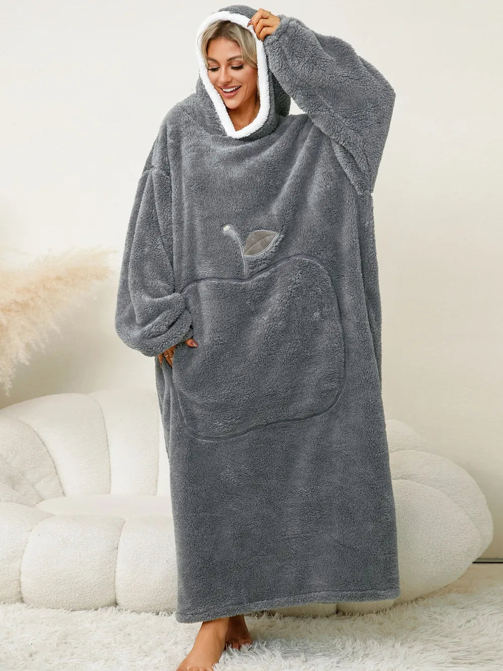Pocketed Contrast Long Sleeve Hooded Lounge Dress Dark Gray One Size - Fashorio
