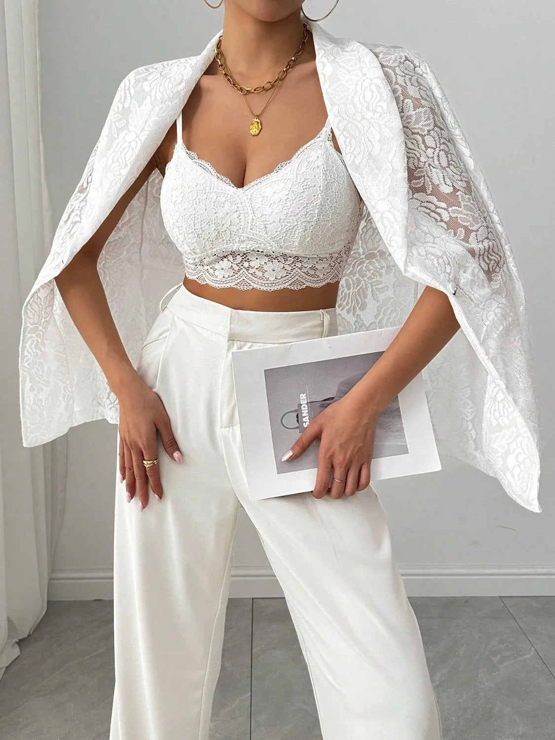 Lace Lapel Collar Long Sleeve Blazer - Fashorio