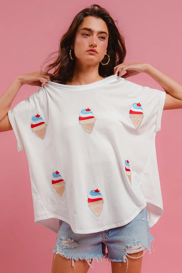 BiBi Solid Terry With Fourth Of July Theme Patched Top IVORY - Fashorio