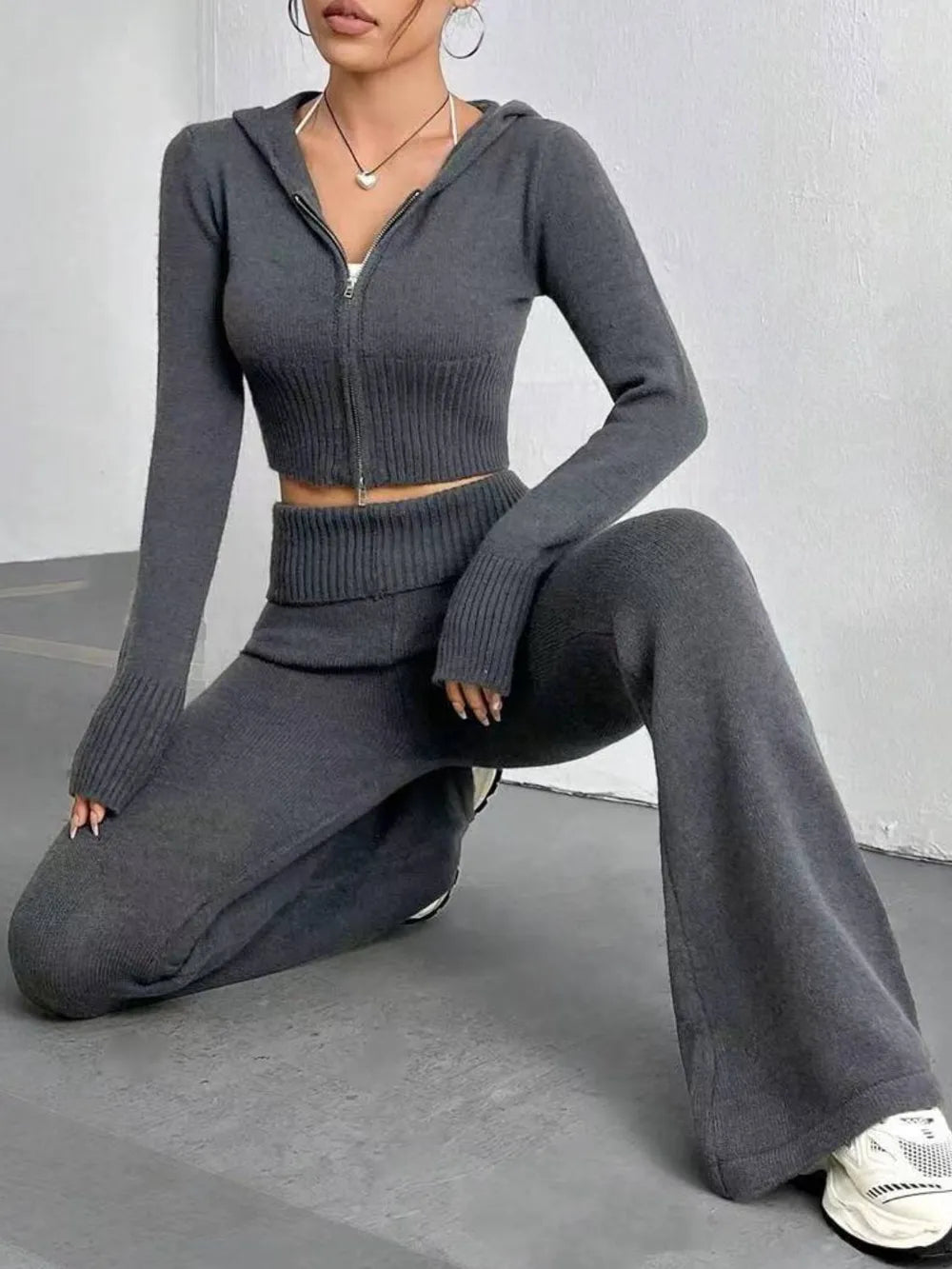 Zip Up Hooded Top and Flare Pants Sweater Set - Fashorio