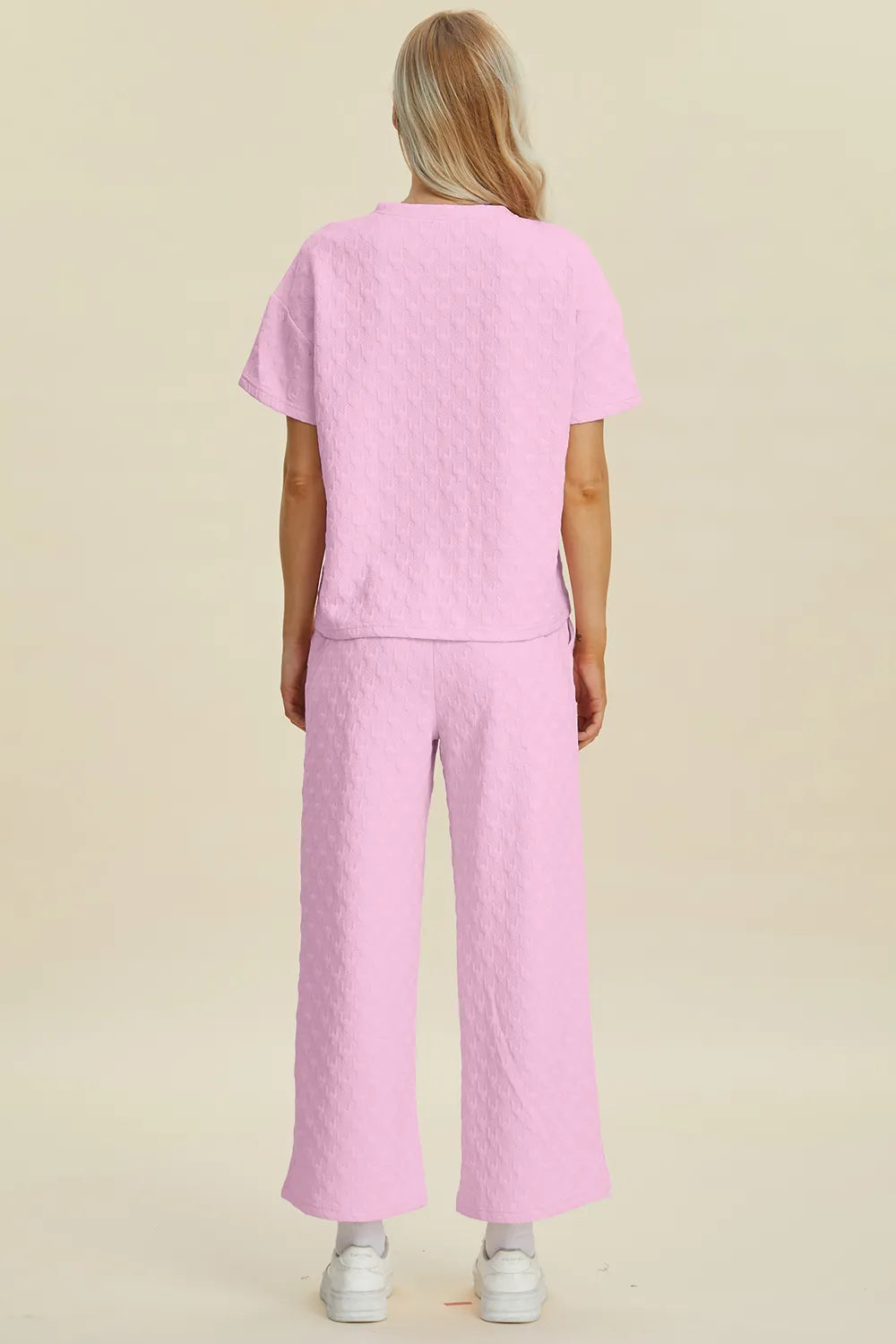 Double Take Full Size Texture Round Neck Short Sleeve Top and Pants Set - Fashorio