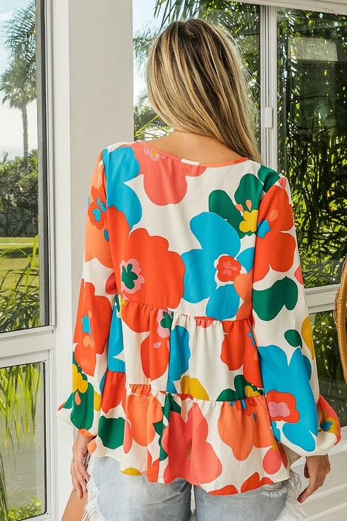 BiBi Floral Woven Tiered V Neck Top - Fashorio