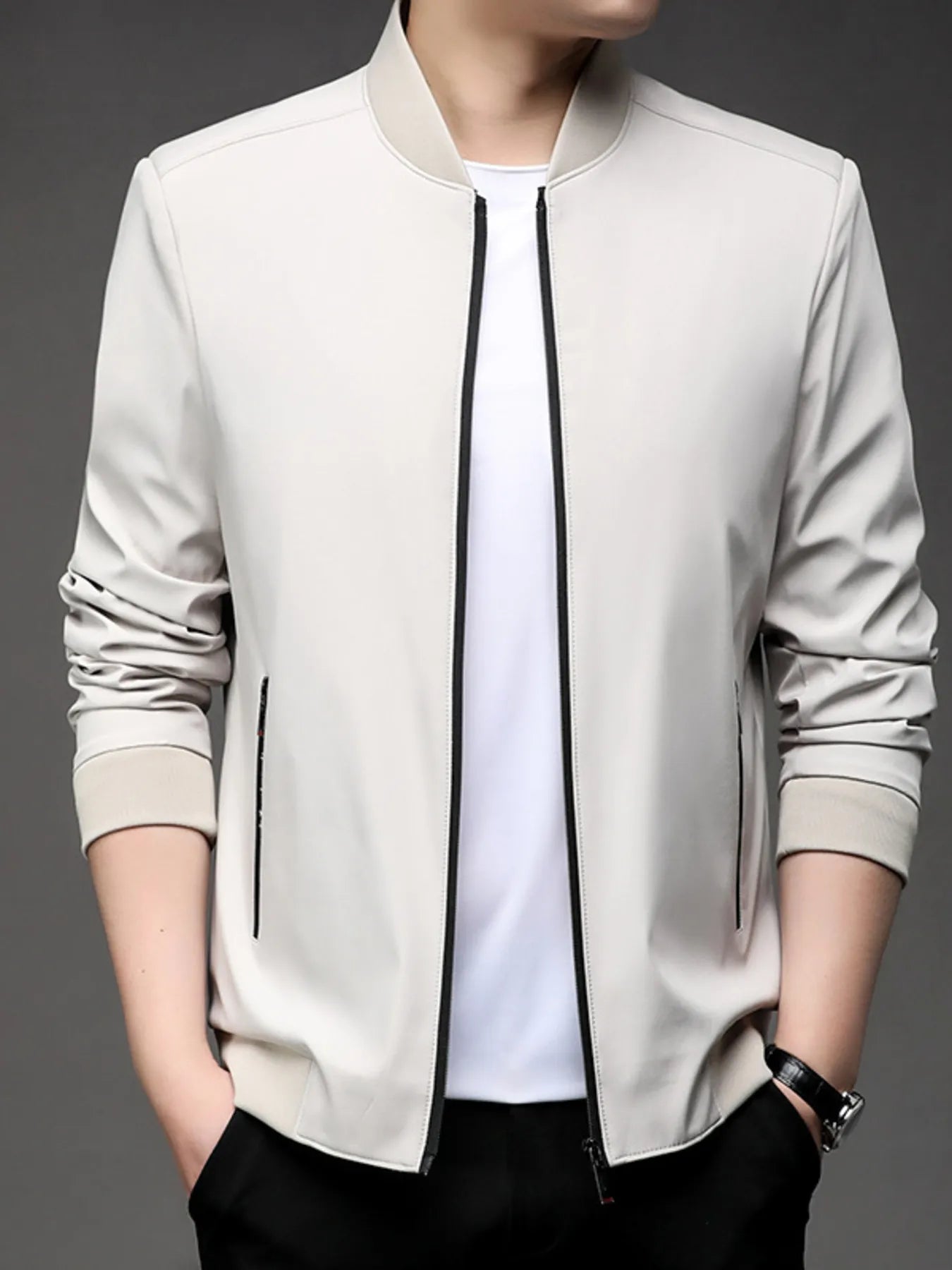 Men's Plus Size Full Zip Front Closure Bomber Jacket with Pockets Rice White - Fashorio