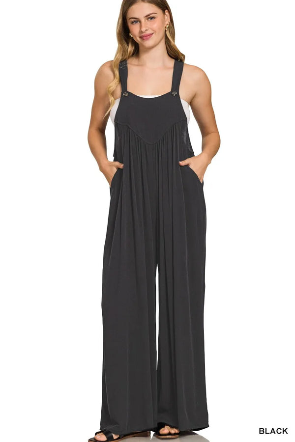 Zenana Woven Rayon Crepe Wide Leg Overalls BLACK - Fashorio