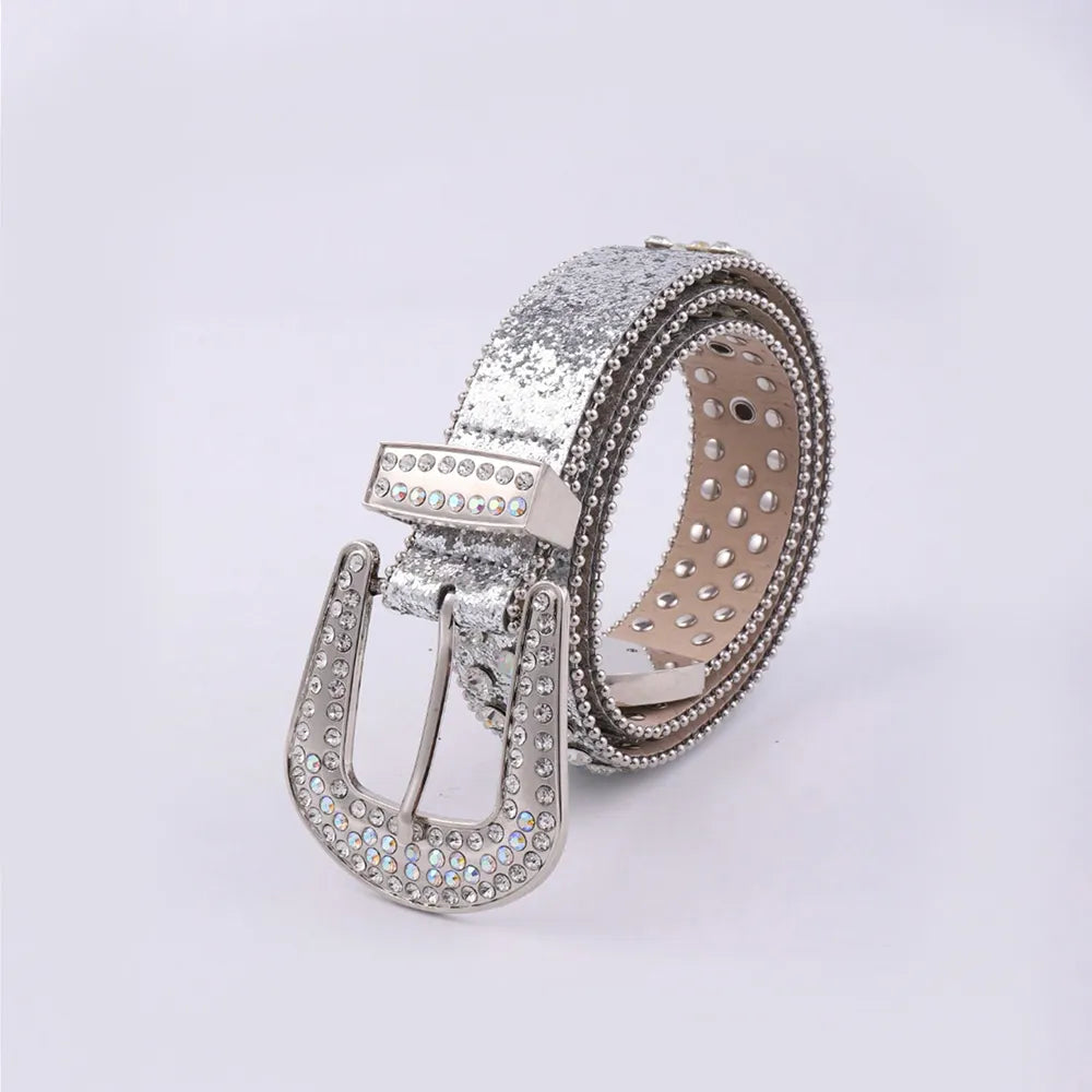 PU Leather Rhinestone Belt Silver - Fashorio