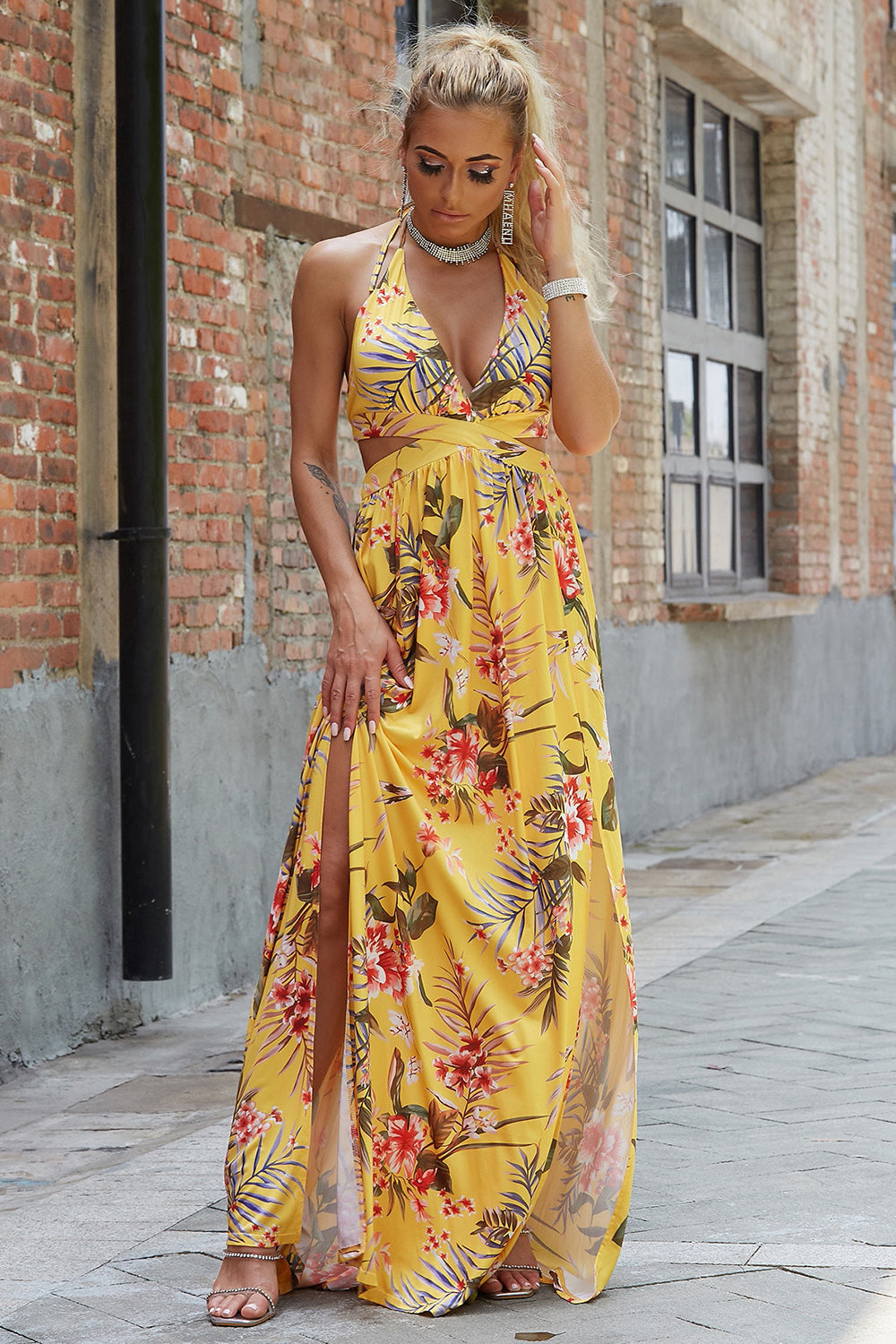 Halter Neck Split Dress - Fashorio