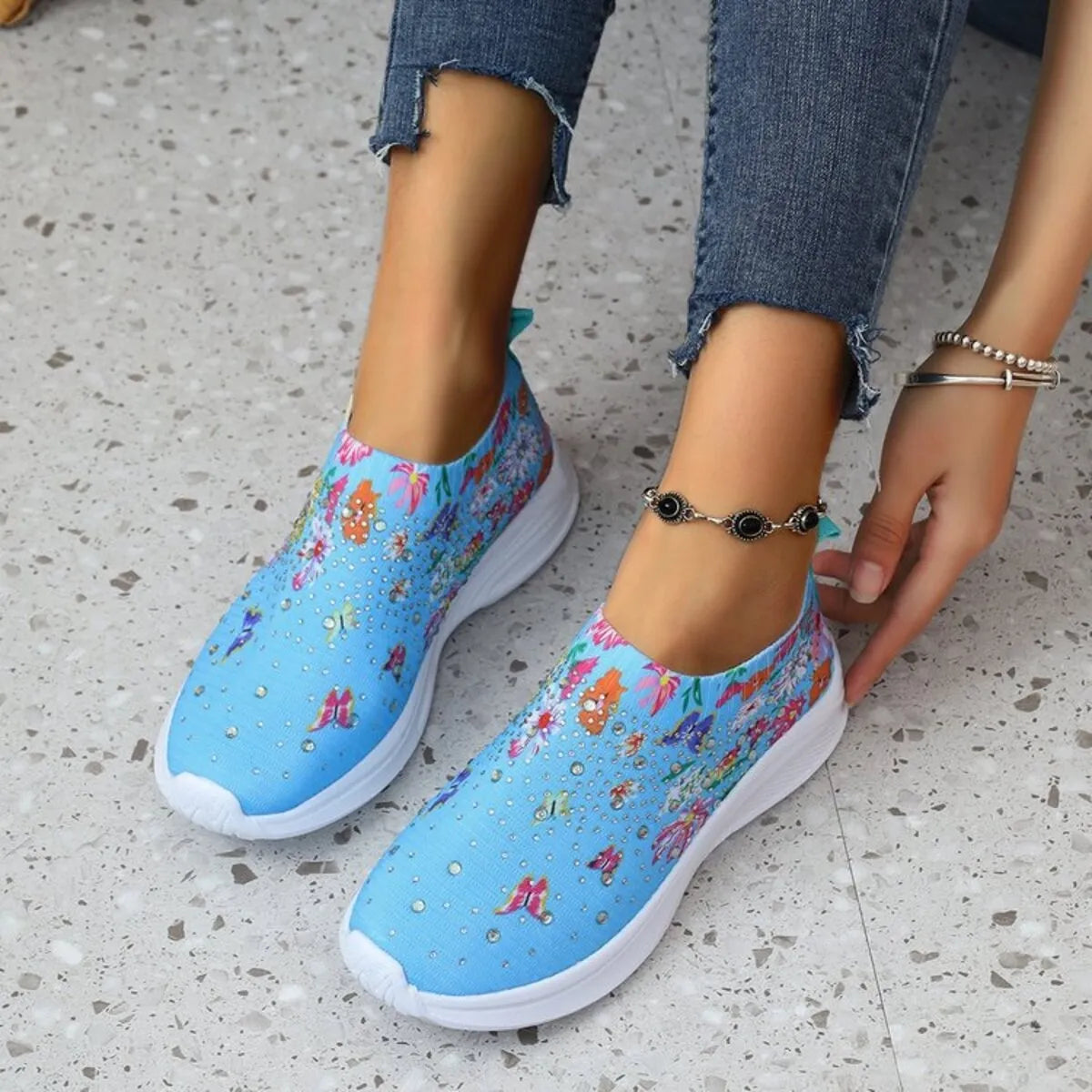 Rhinestone Floral Print Sneakers - Fashorio